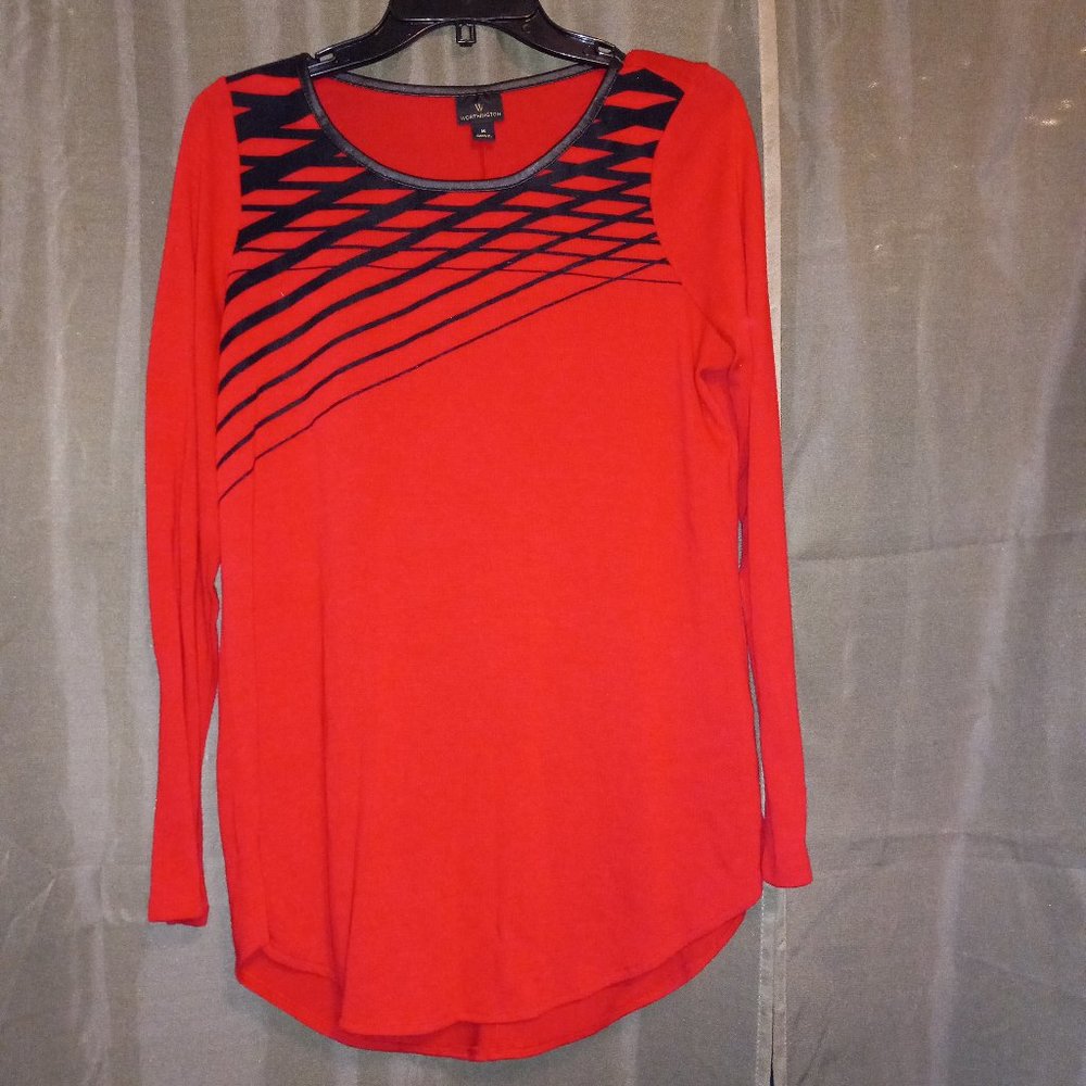 Bright Red Tunic with Black abstract stripe neck detailing.